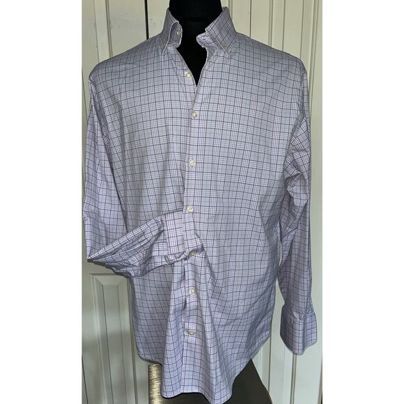 Peter Millar Summer Comfort Button Up Long Sleeve Plaid Purple White Sz Lg‎ - Picture 1 of 7